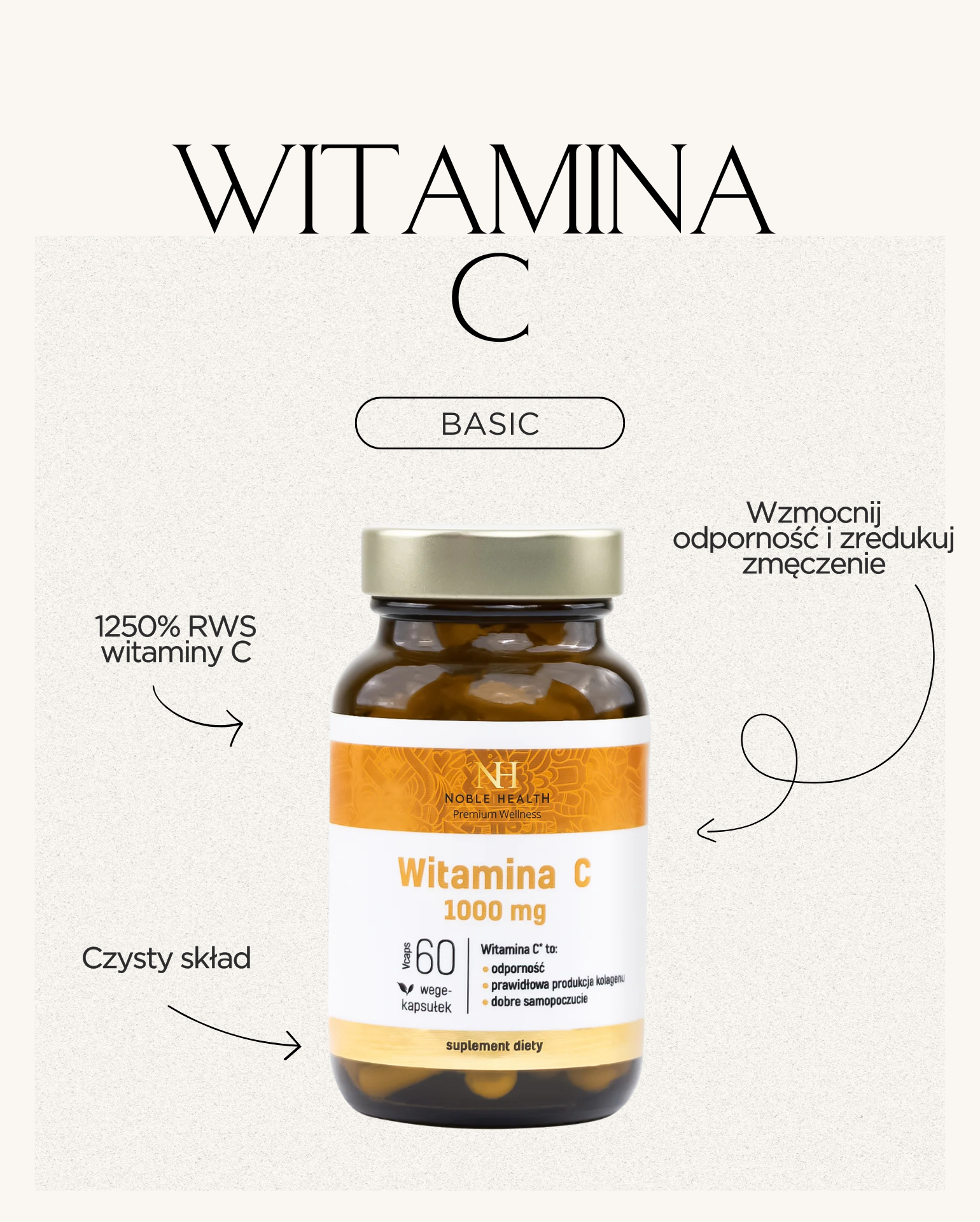 Vitamin C Noble Health Vegan kyselina L-askorbová 1000 mg 60 kapslí
